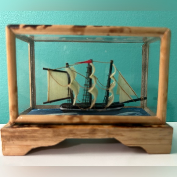 Vintage Miniature Wooden Ship in Glass Display Case - Picture 2 of 7